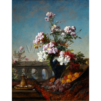 РЕПРОДУКЦИИ НА КАРТИНИ Цветя във ваза и плодове край мост (1883)